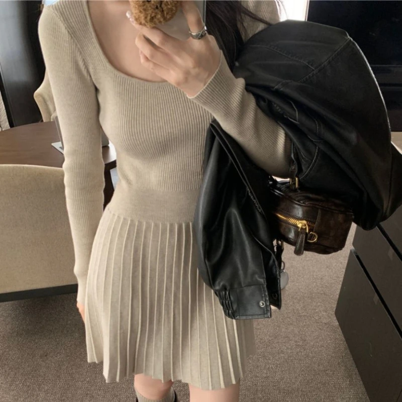 

Spring Autumn New Round Neck Long Sleeve Fashion Mini Dress Women High Street Solid Color Pleated Dresses Elegant Slim Vestidos