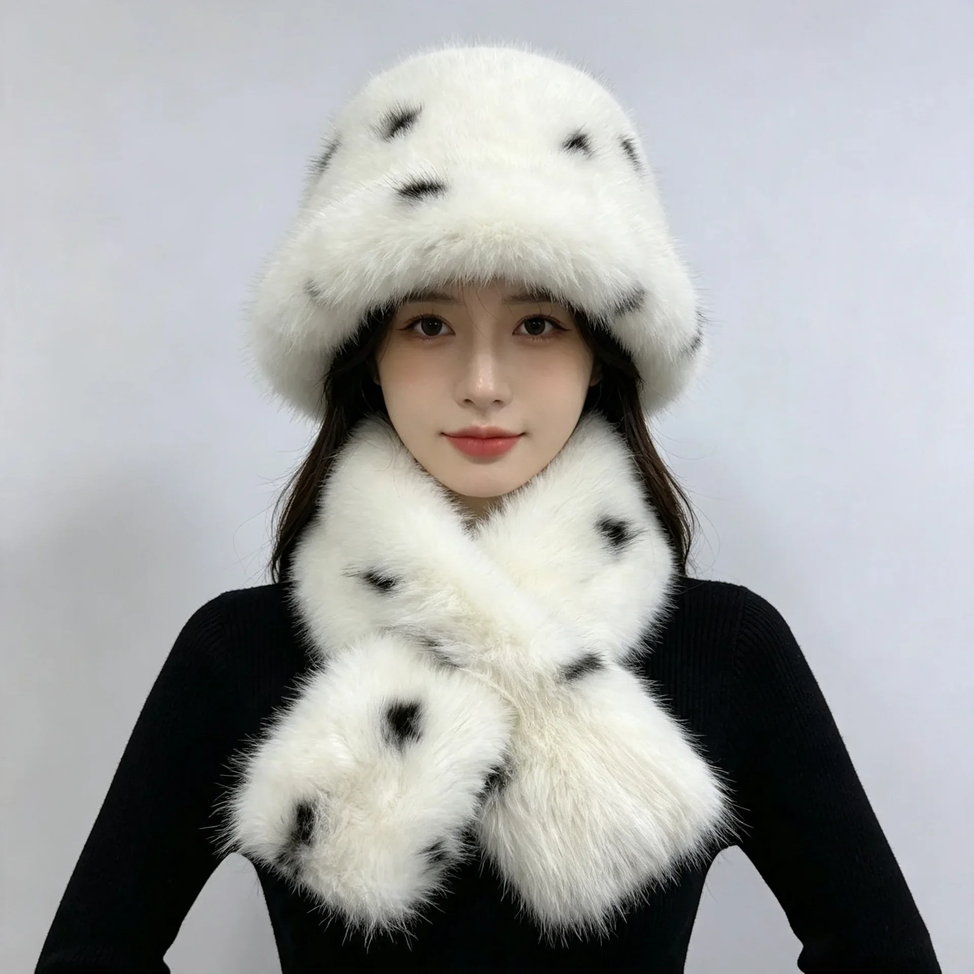 Leopard Print Women s Hat and Scarf Set 2 Piece with Reversible Thick Knit Scarf and Wide Brim Fisherman Hat Korean