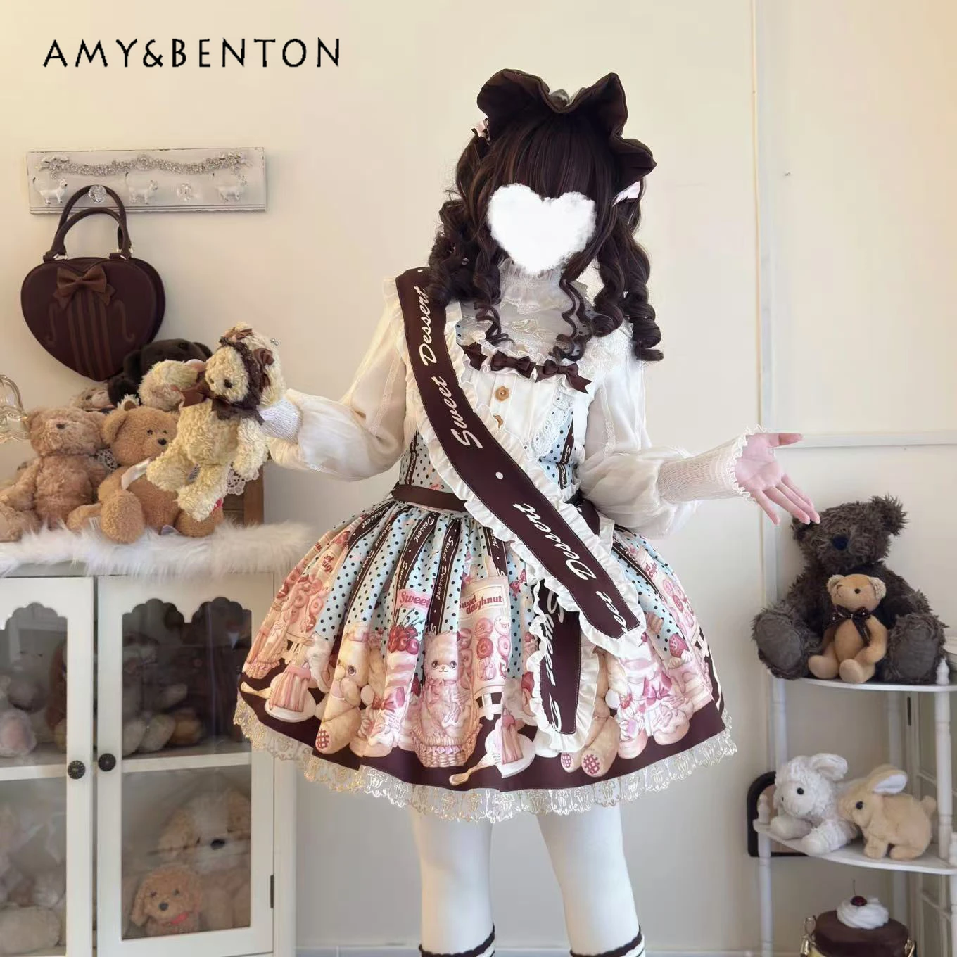 Kawaii Cartoon Print Jsk Tutu Dress Lolita Sweet Girl Bow Polka Dot Lace Stitching Ball Gown Dresses Birthday Dress for Women