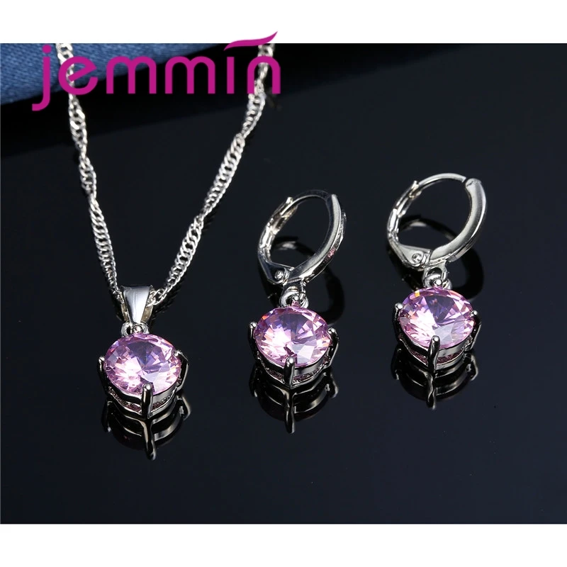 8 Colour AAA Crystal 925 Sterling Silver Pendants Earring Necklace Set Women Girls Party Four-Claw Jewelry