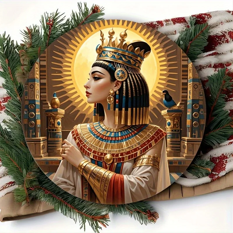 Vintage Egyptian Queen Cleopatra Round Tin Sign, Retro Ancient Egypt Pharaoh Goddess Metal Wall Art, Decorative Plaque with Hier