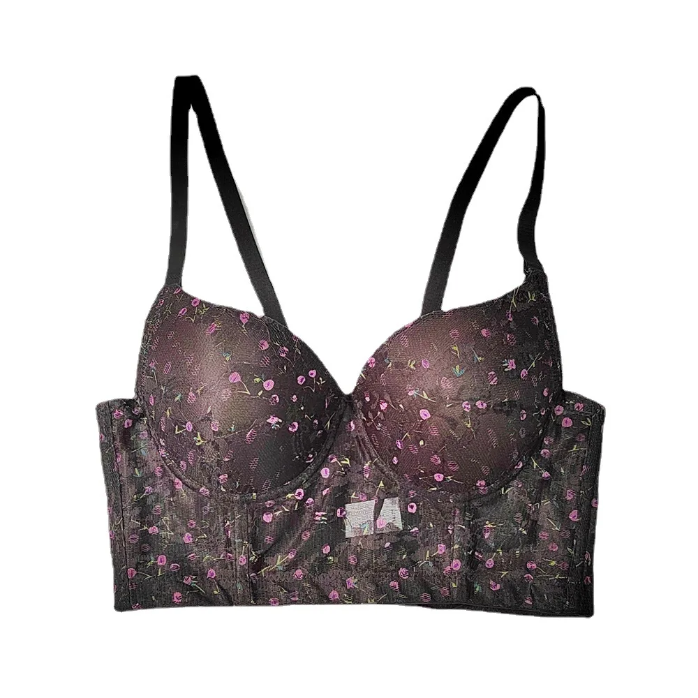 

Lace Floral Tube Top Underwear Open Back Sexy V-Neck Sling Pure Desire Fish Bone Vest Lingerie Bras for Women Adjusted-straps