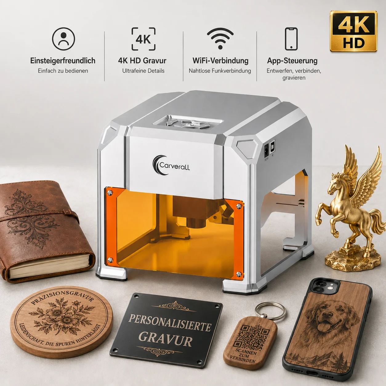 Carverall K4 3W Lasergravierer, Tragbare Mini-Graviermaschine mit WiFi-App-Steuerung und USB, 80 x 80 mm, Bis zu 0,01 mm Präzision, für Holz, Bambus, Leder, Papier, Karton, DIY-Geschenke,