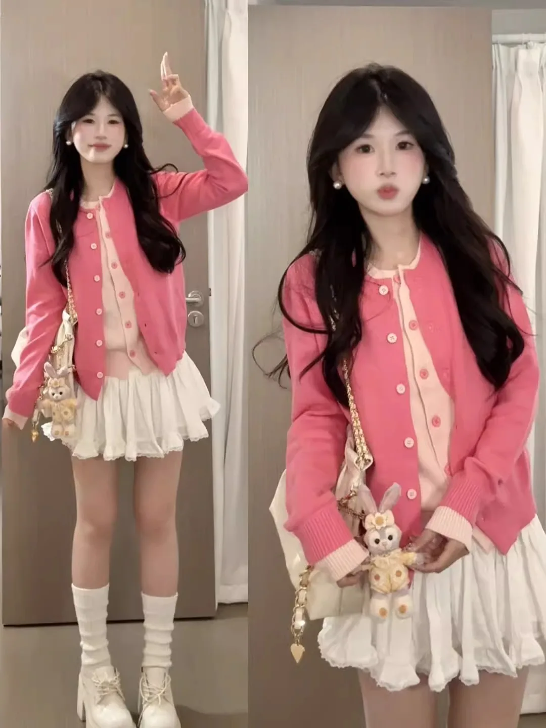 

Розовый вязаный открытый кардиган Sweet Girl Sle, женский осенне-зимний свитер для снижения возраста, уменьшающий возраст, топ