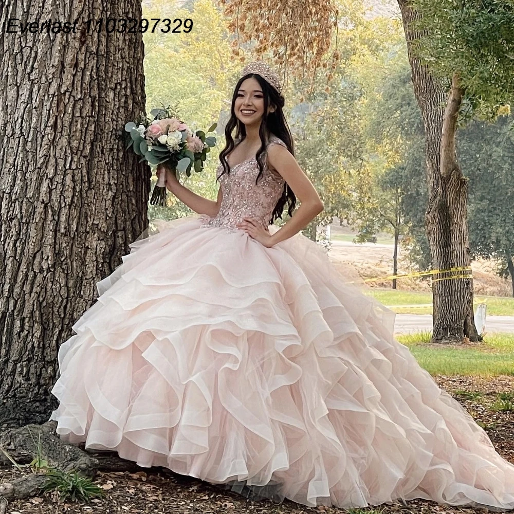 EVLAST Mexican Blush Quinceanera Dress Ball Gown Lace Applique perline Crystal Ruffles corsetto Sweet 16 Vestido De 15 Anos TQD941