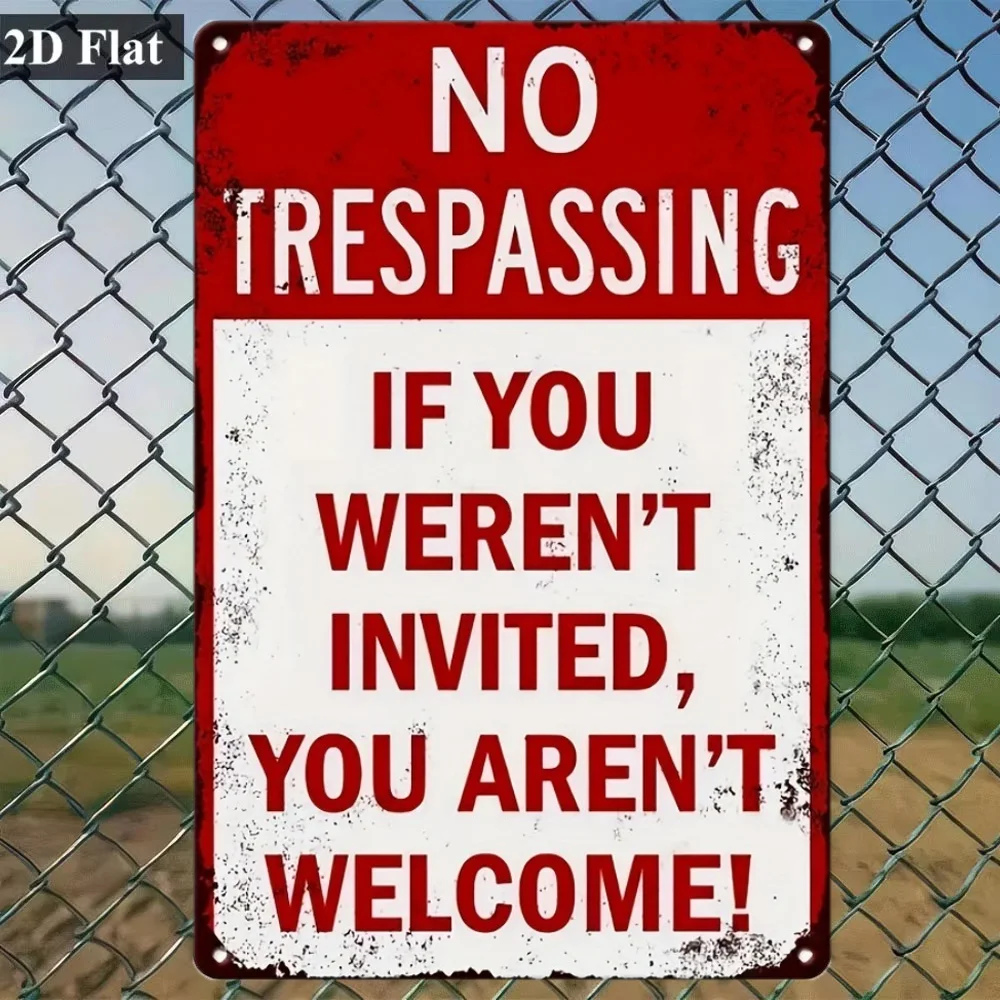 Vintage Funny No Trespassing Sign with Red Border | Rustic Metal Wall Art for Garage, Man Cave, Unique Gift