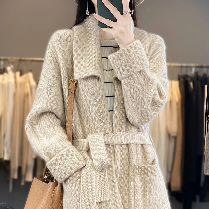 New 100% Pure Cashmere Sweater In Autumn And Winter Women\'s Long Cardigan Heavy Lndustry Thickening Loose Wool Knitted Jacket