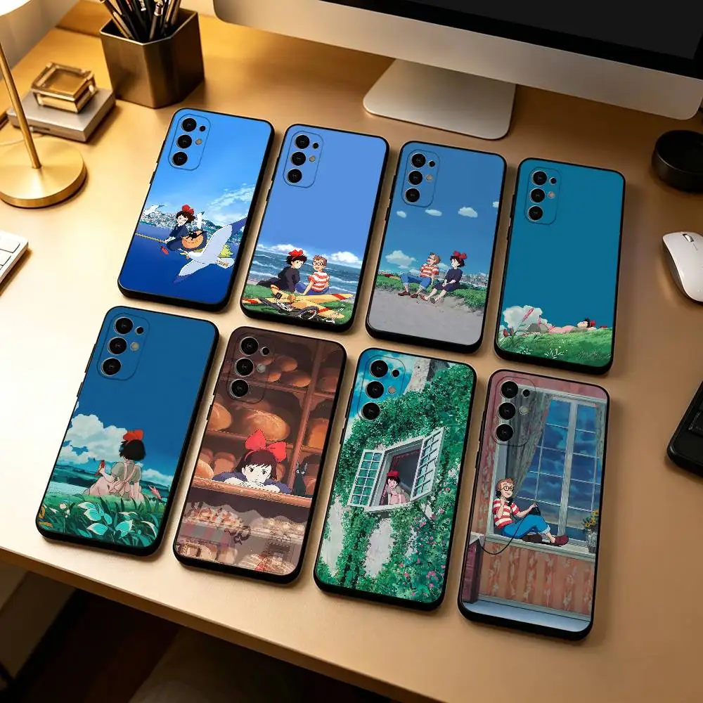 Funda de Silicona Negra Suave con Diseño de Kiki la Bruja Voladora para Samsung S25, S24, S21, S22, S23, S30, Ultra, S20, Plus, Fe, Lite