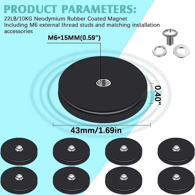 D43mm Rubber Coated Magnet 22LBS Neodymium Magnet Base with M6 Convex Studs and Nuts Strong Flag Magnet  Base