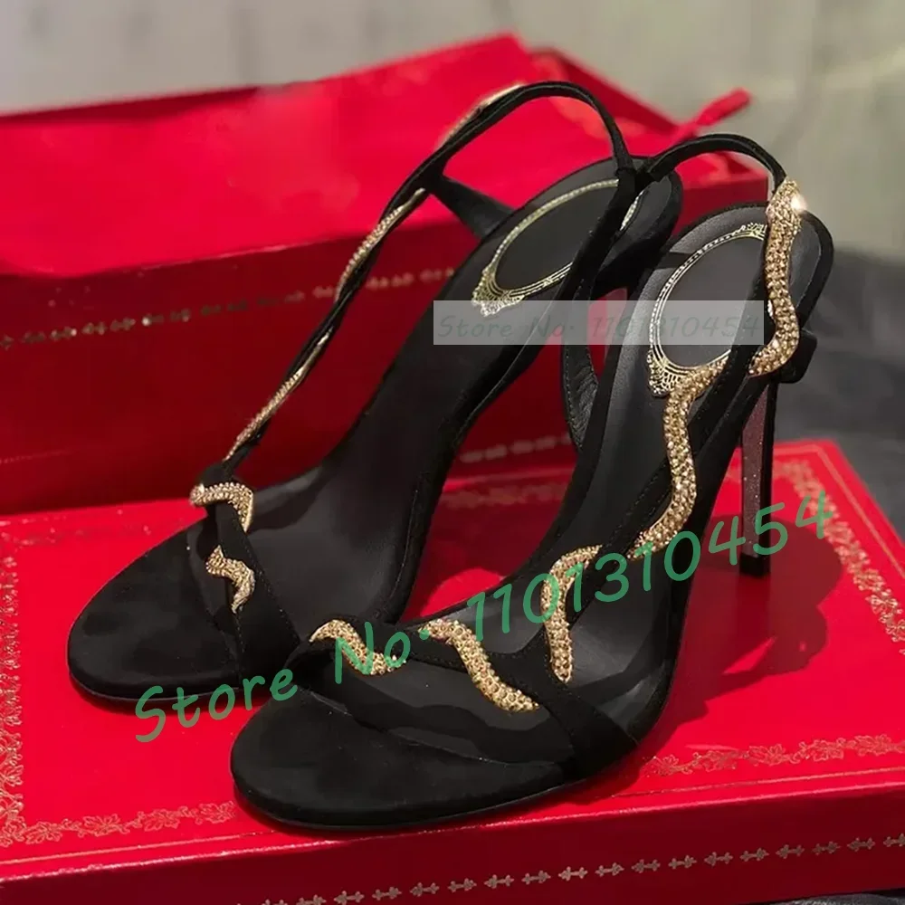 Gold Snake Wrap Slingback Sandals Women Bling Silver Sole Kid Suede Shoes Real Leather Luxury Trending Cross Strap Dress Sandals