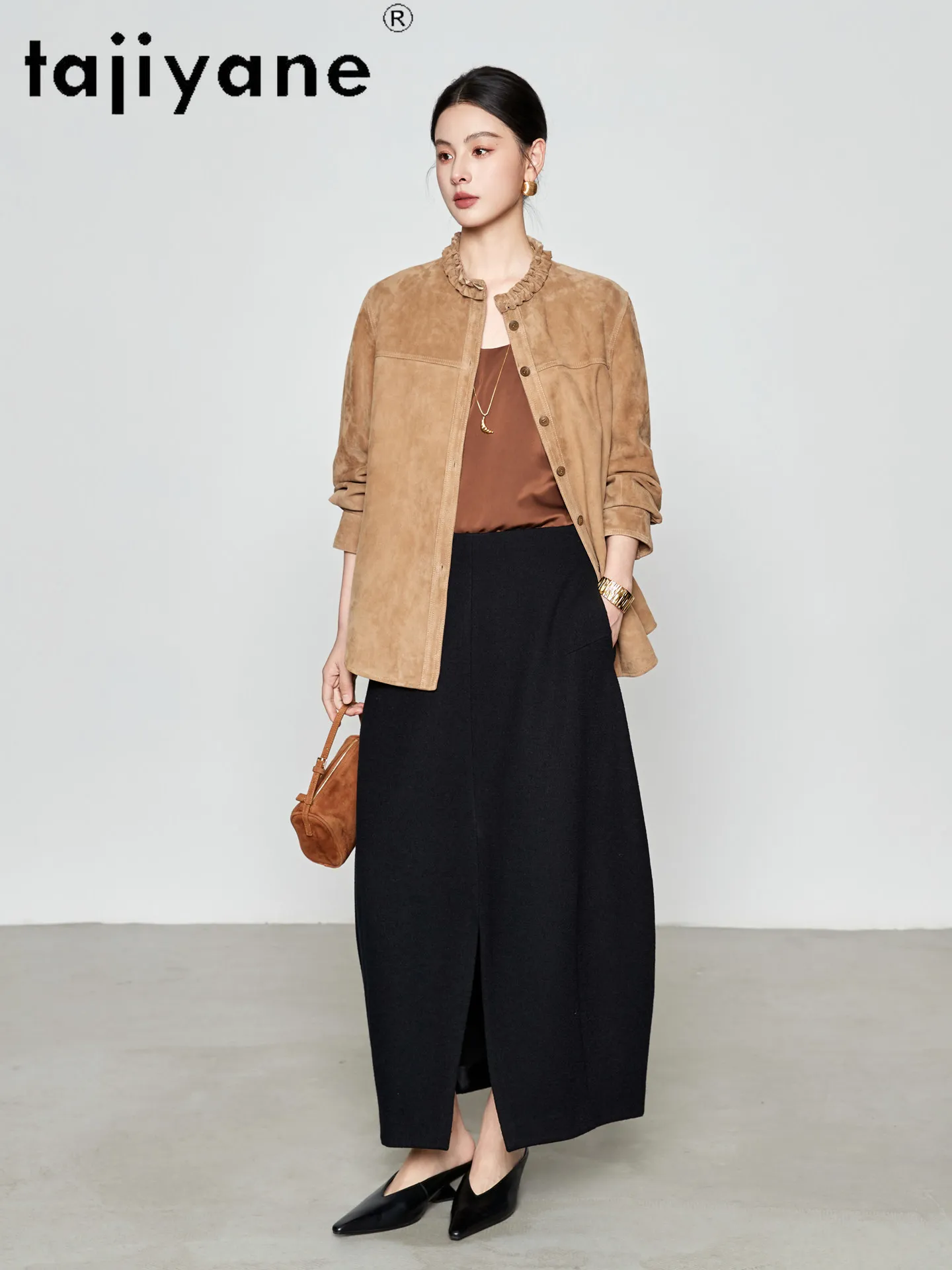 TAJIYANE 100% Sheepskin Suede Mid‑Length Shirt Coat Women Vintage Casual Loose Coat Genuine Leather Jacket Woman Clothing 2026