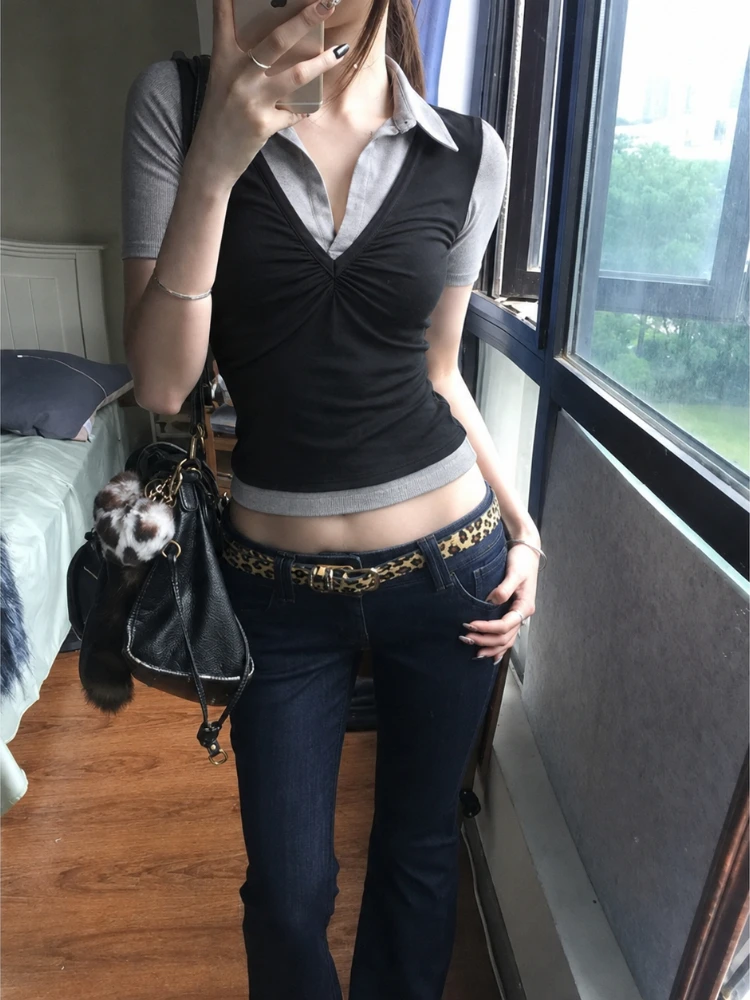 Retro 2000s Y2K Fake Two‑Piece Tees Female Slim Half Sleeve Tops Turn‑Down Collar Button Korean Fashion Casual Street Outfits