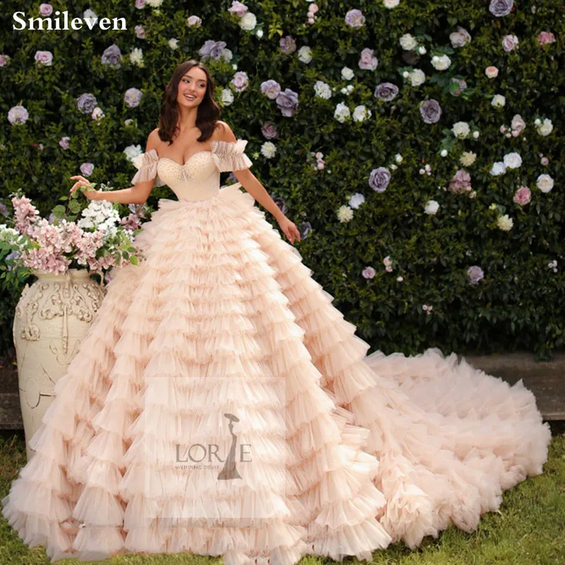 

Smileven Light Champagne Princess Wedding Dress A Line Off The Shoulder Bride Dresses Tiered Puff Tulle Vestido de novia 2023