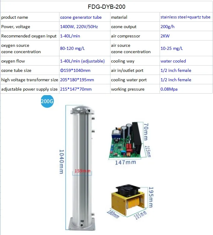 Used for Wastewater Treatment 200 G/h High Quality Ozone Generator Parts Kit