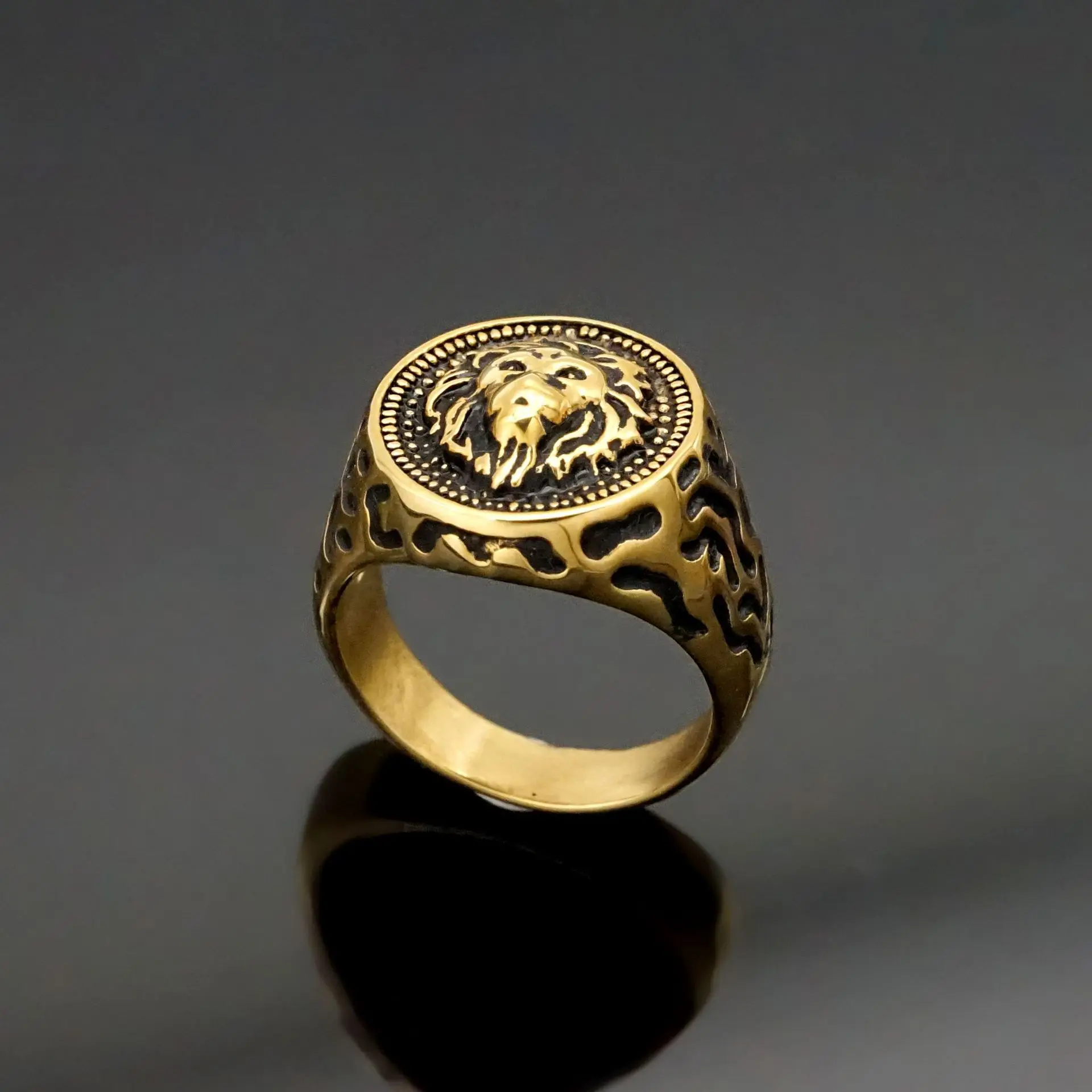 1pc, 316L stainless steel ring, lion head design, golden animal, holiday gift