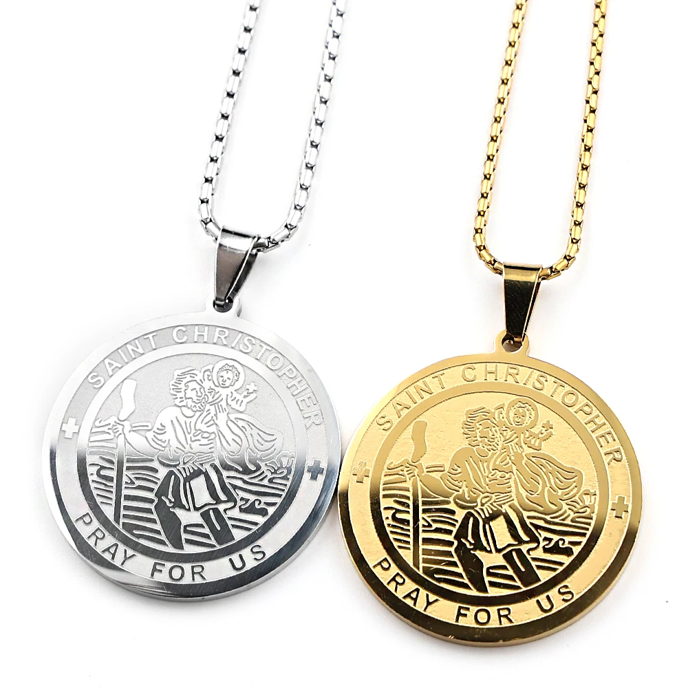 Saint Christopher Pray Us Pendant Necklace for Women Men Stainless Steel Gold Color Religious Amulet Chain Jewelry NZZZ776S02