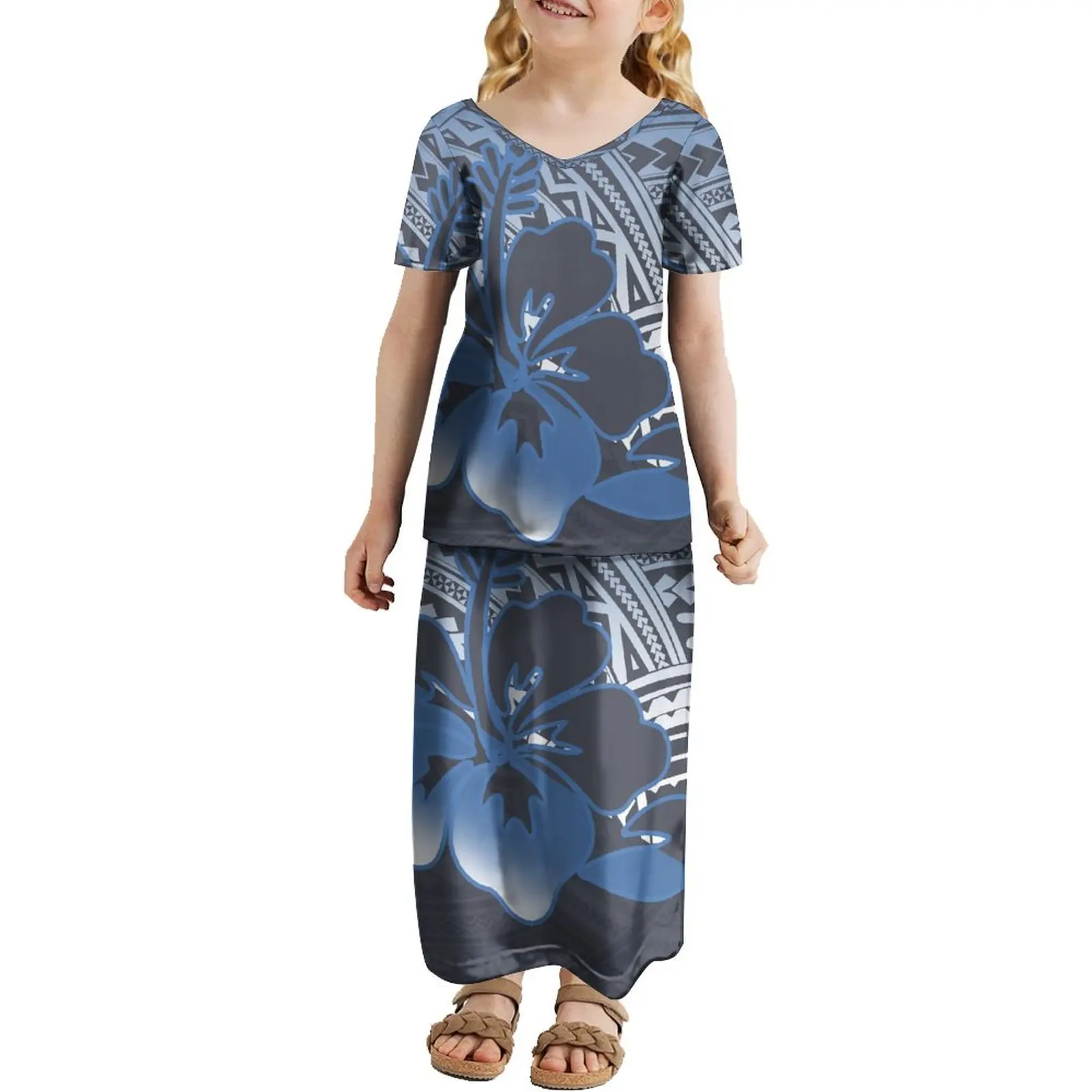 Robe de Soirée à Motifs Imprimés de l'île des Fidji pour Enfant, Tenue Personnalisée, à Manches Courtes et Col en V, Été