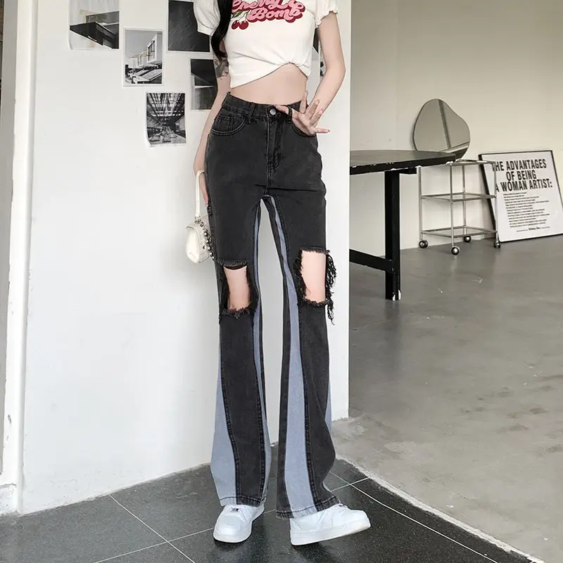 Fashion High Waisted Ripped Jeans Woman Casual Streetwear Contrast Stitching Denim Trousers Female Girls Vintage Bell-bottoms