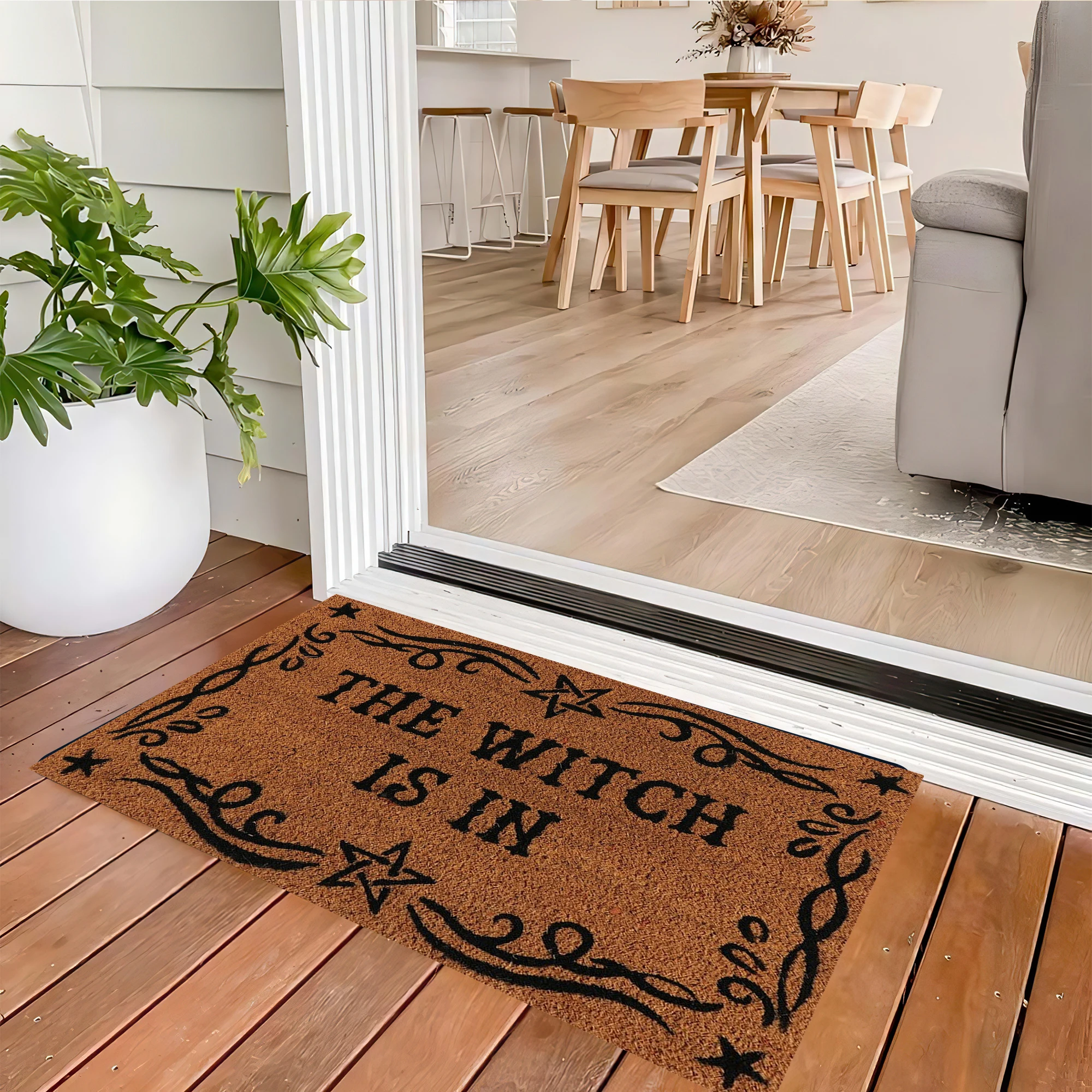 The Witch is in Wiccan Scroll Doormat,Metaphysical Magic Witcraft Halloween Themed Door Mats,Rubber Backing Floor Mat Outdoor