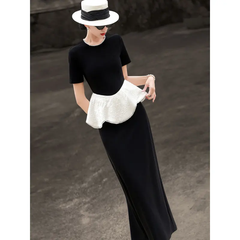 MEXCOCO French Noble Beaded Color Block Fake Two-Piece Velvet Dress Women Spring Autumn Elegant Dress