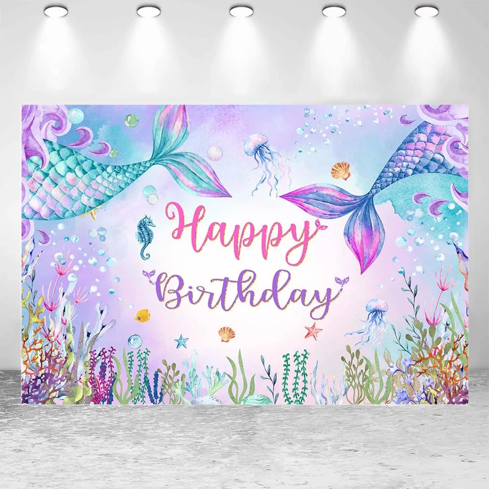 Mocsicka Mermaid Princess Birthday Backdrop Purple Tail Under the Sea Photography Background Girl Birthday Party Decor Customize