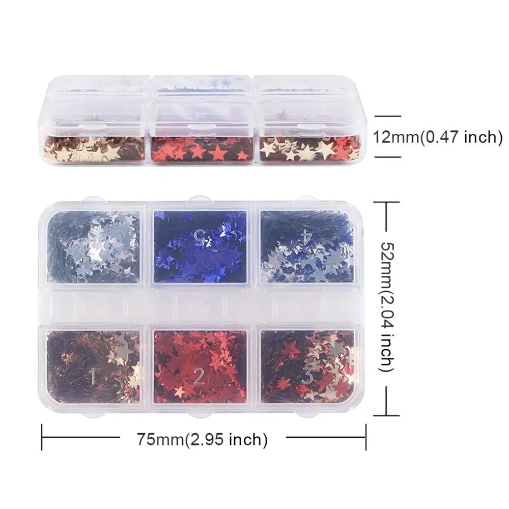 Kit glitter per unghie a stella a 6 slot – Paillettes a stella ultra scintillanti del Giorno dell'Indipendenza per unghie e nail art a pressione