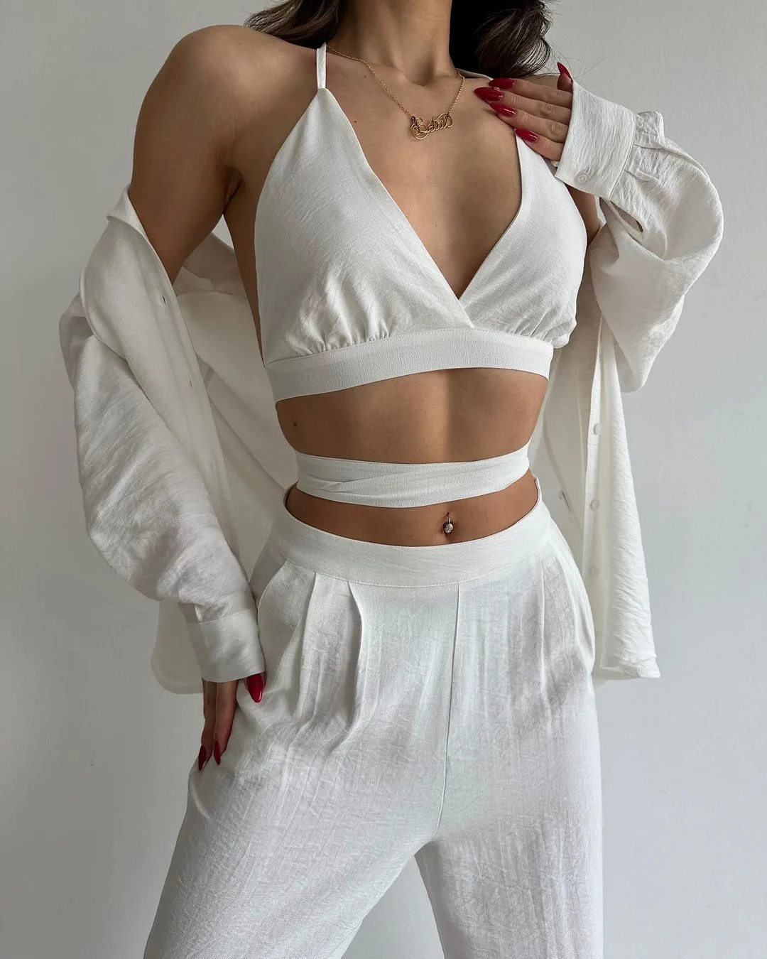 

New Arrived Lace-up Sling Vest Slim Fit Straight High Waist Pant 3 Piece Set Sexy Solid Set