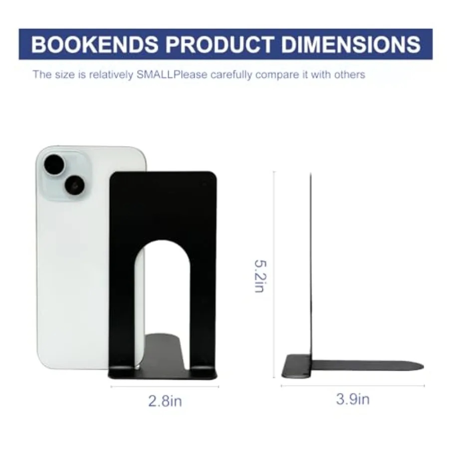 Book Ends for Shelves, 4 Pack Metal Bookends, Compact Book Stopper for Small Books, CDs, Vinyl Records, Desk and Classroom Orga