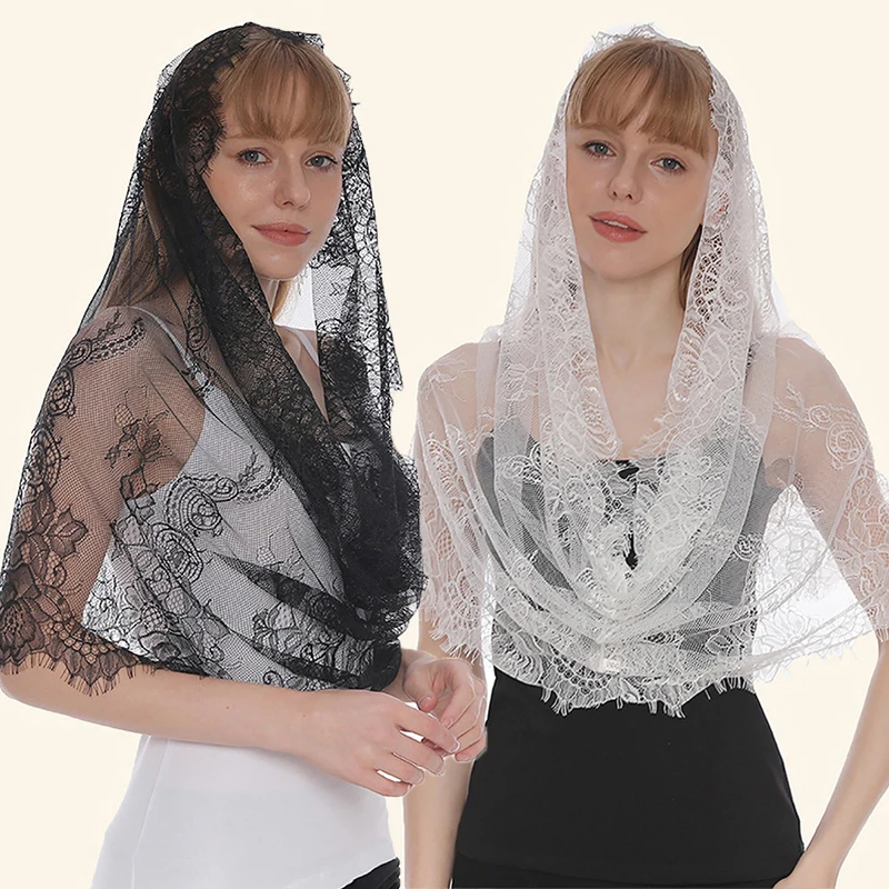 New Lace Flower Scarf Round Bandana Embroidered Scarf For Church Shawl Head Covering Scarf Tassel Sheer Women Handkerchief