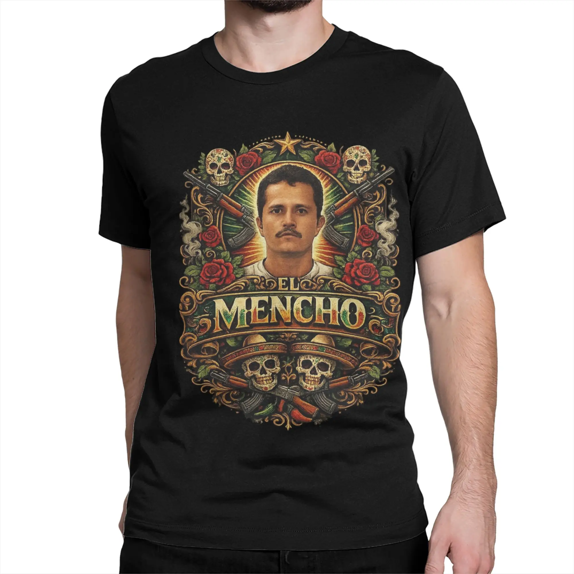 Men Women T-Shirt El Mencho Mexican Narco Inspired Sugar Skull Day of the Dead Cotton Tee Shirt T Shirt Round Neck Clothes Gift