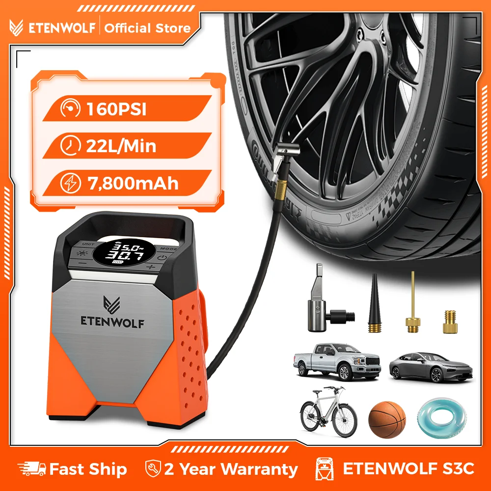 新型ETENWOLF S3Cポータブルタイヤインフレーターポンプ 7800mAh 160 PSI 車載コンプレッサー パワーバンク 電動ワイヤレスエアポンプツール LEDライト