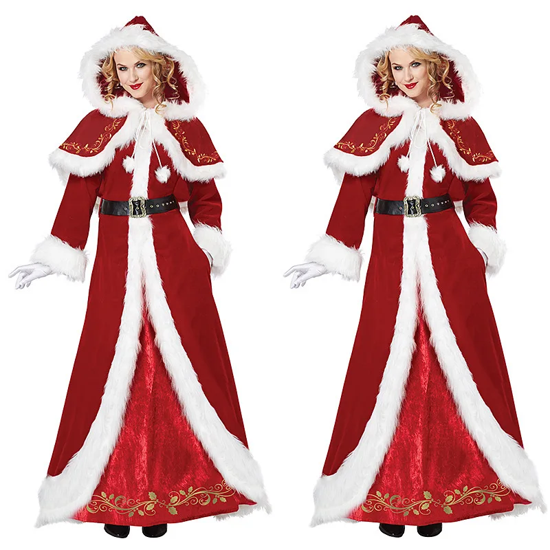 Women Christmas Santa Claus Dress Costume with Hooded Shawl Belt and Gloves Xmas Party Fancy Outfit