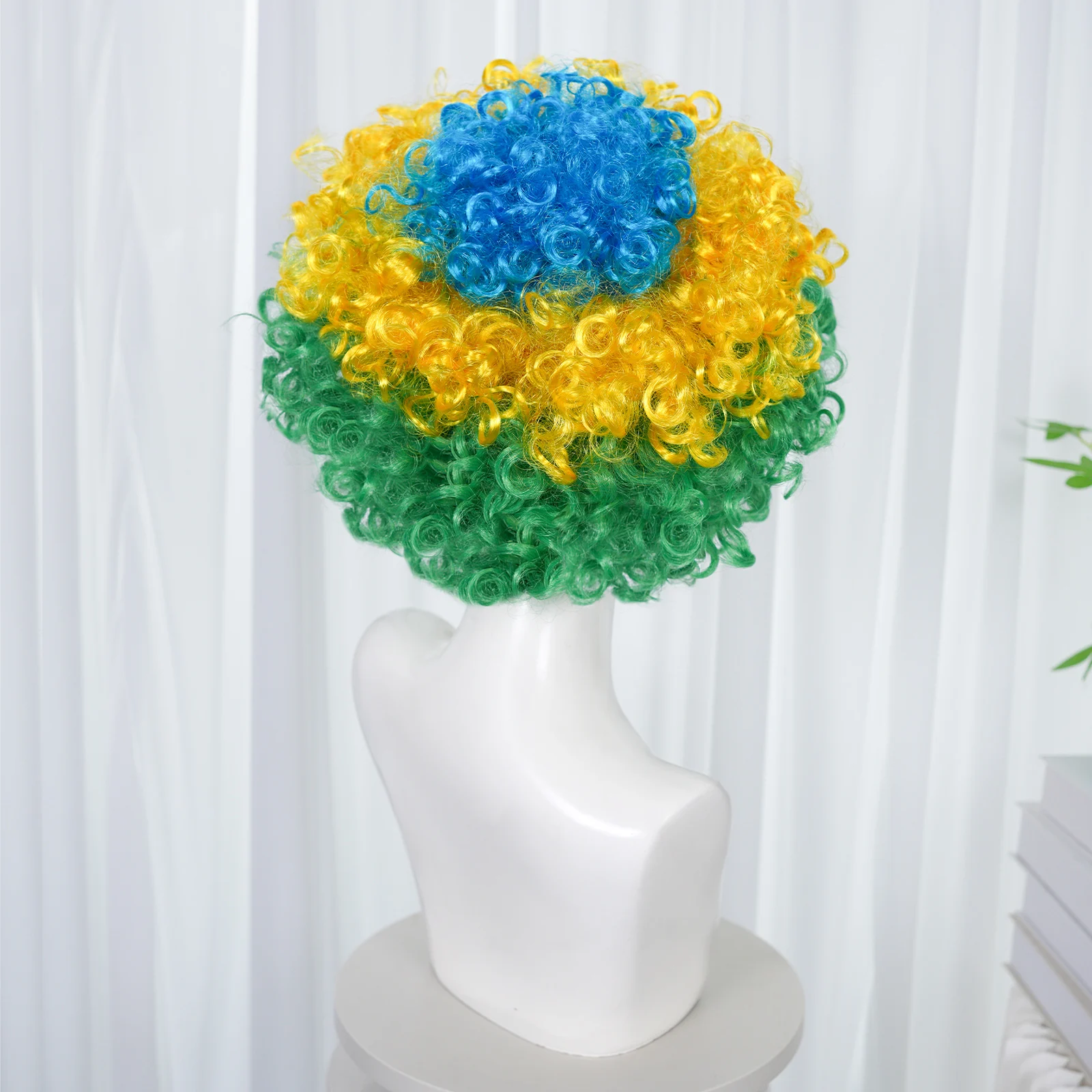 Brazil Green Yellow Blue Afro Curly Wig With Face Stickers Football Fan Sports Party Cosplay Wig Synthetic Wig