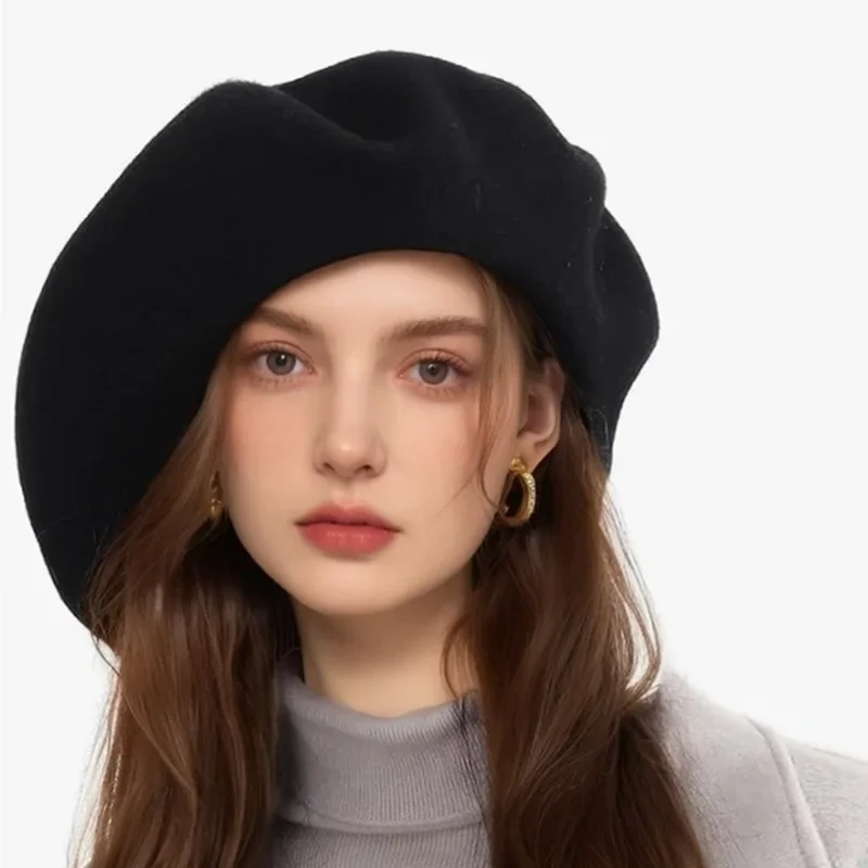 Women's Autumn Winter Pure Wool Solid Beret Vintage Painter Hat Slim Face Simple Cap