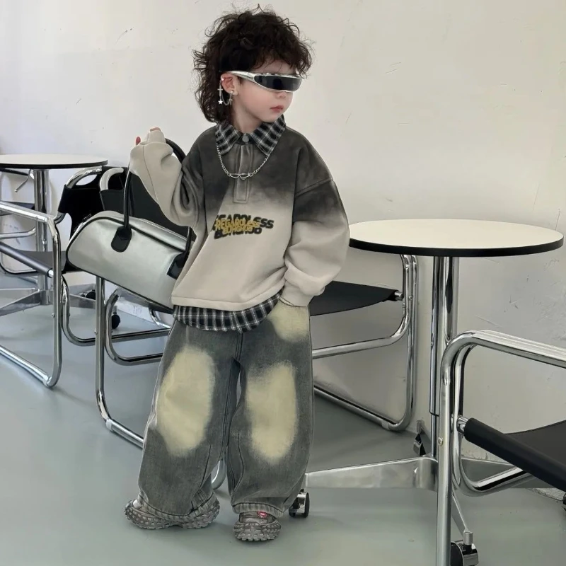2026 Spring Boys Polo Shirt Gradient Tie Dye Hoodie and Jeans 2 Piece Set Kids Fashion Clothing