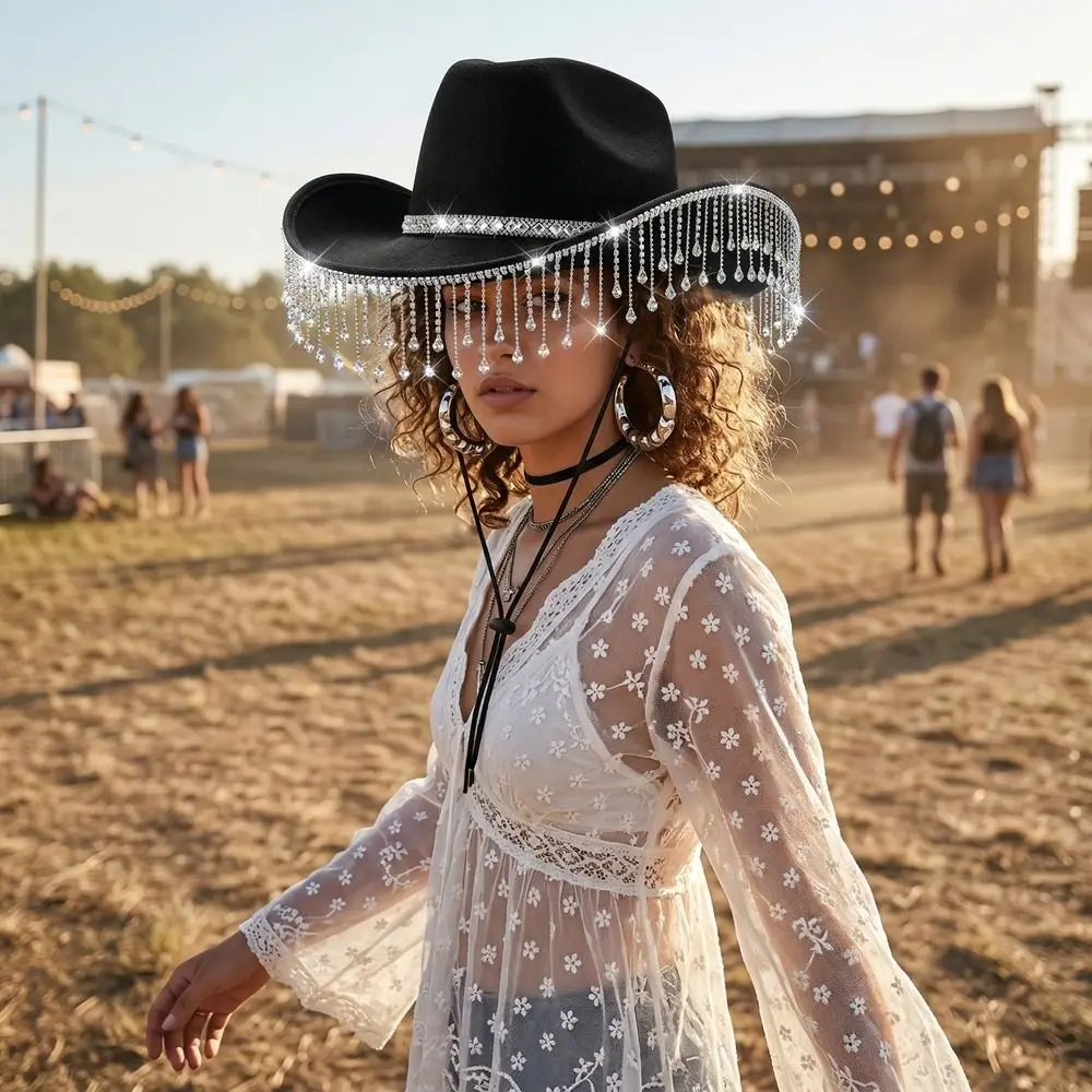 

Fashion Shiny Western Cowboy Hat Wide Brim Ethnic Style Cowgirl Hat Sunscreen Glitter Rhinestone Tassels Jazz Hat Girl