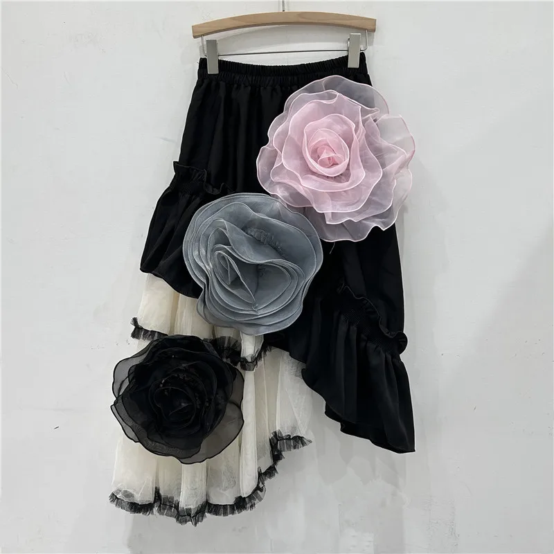 Skirts Women Mid Length Skirt A Line Mesh Splice Ruffle Irregular Floral Elastic Waist Elegant Y2k Streetwear Work 2026 Spring