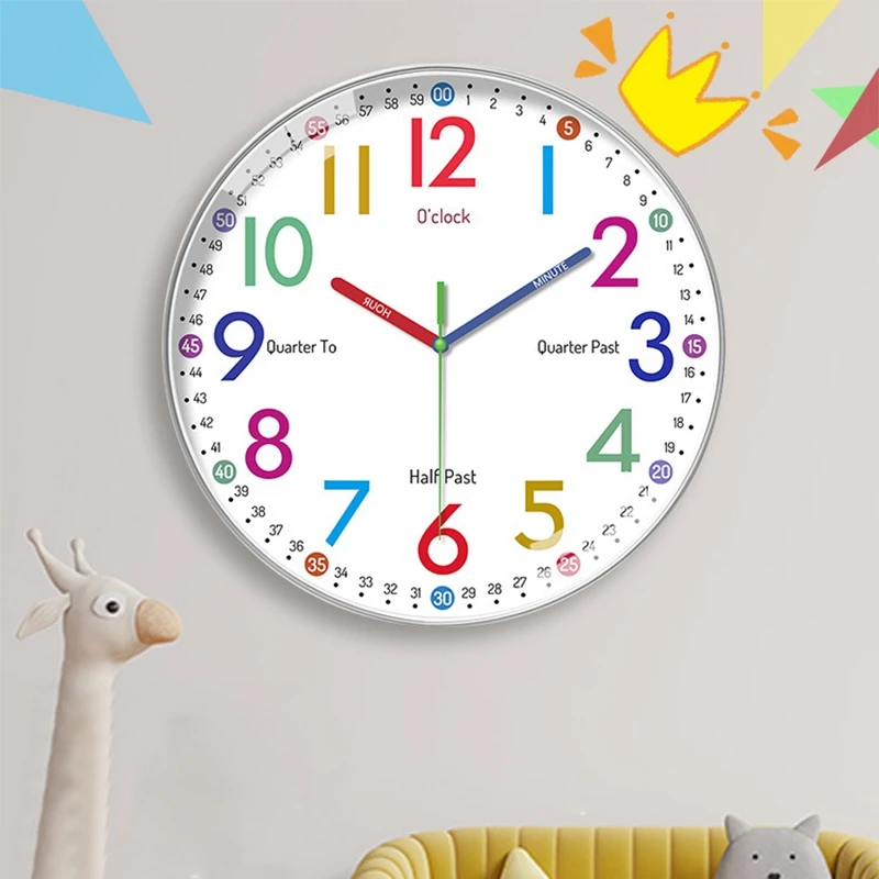 10 inch Early Childhood Education Clock Colorful Round Wall Clock Kids' Room Decor Non Ticking Learning Clock Wall Decoration