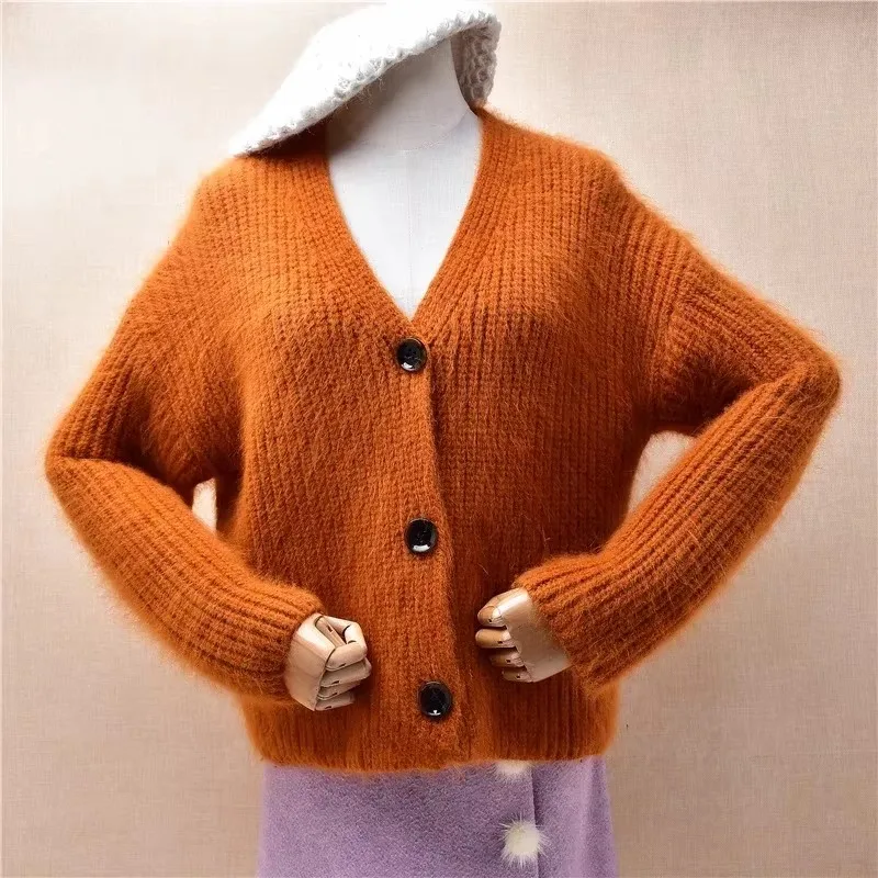 Ladies Women Fall Winter Thick Warm Hairy Angora Rabbit Fur Hand Knitted V-Neck Long Sleeves Loose Cardigans Sweater Jacket Pull
