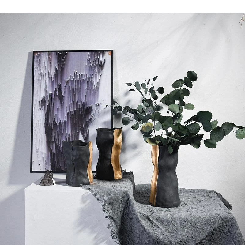 Bag Shape Gold-plated Ceramic Vase Modern Design Flower Pots Decorative Arrangement Desk Decoration Floral Vases