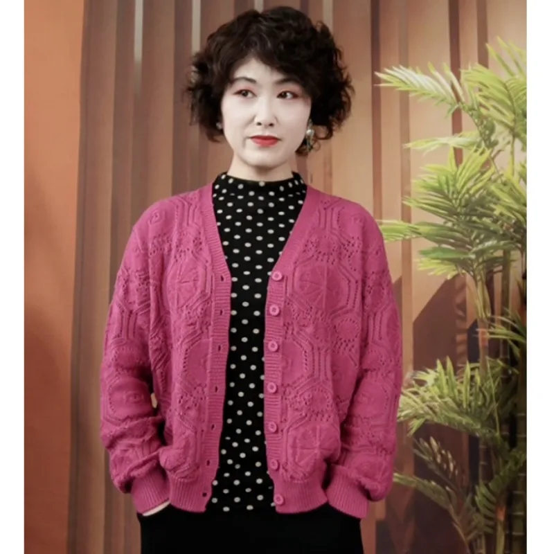 Women Spring V Neck Hollow Jacquard Knit Cardigan Cotton Line Loose Long Sleeve Casual Outer Sweater