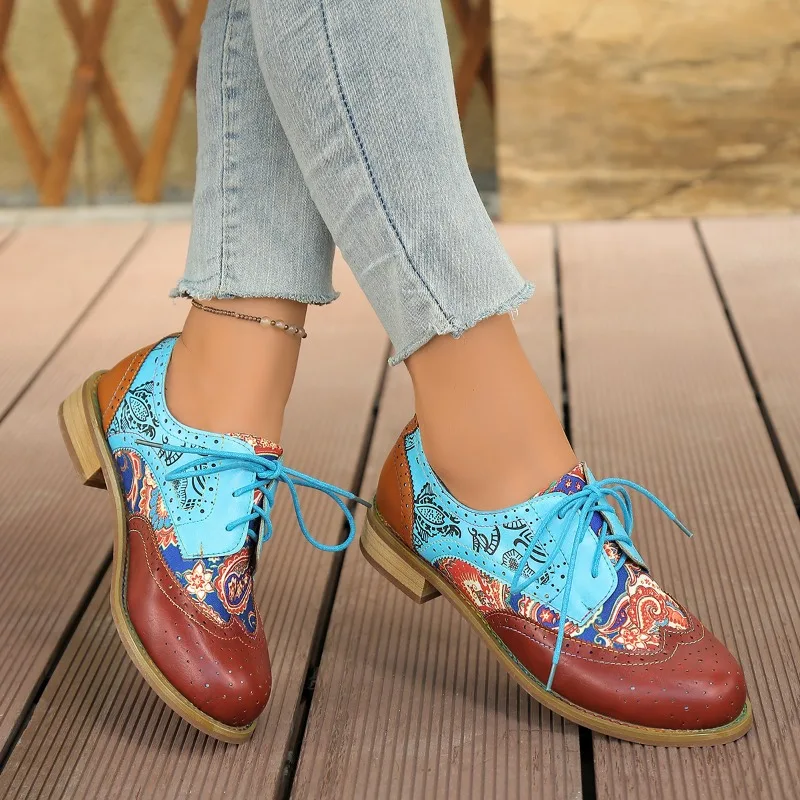 Autumn New British Style Carved Lace-up Flat Single Shoes Women's Colorblock Round Toe Casual Small Leather Shoes