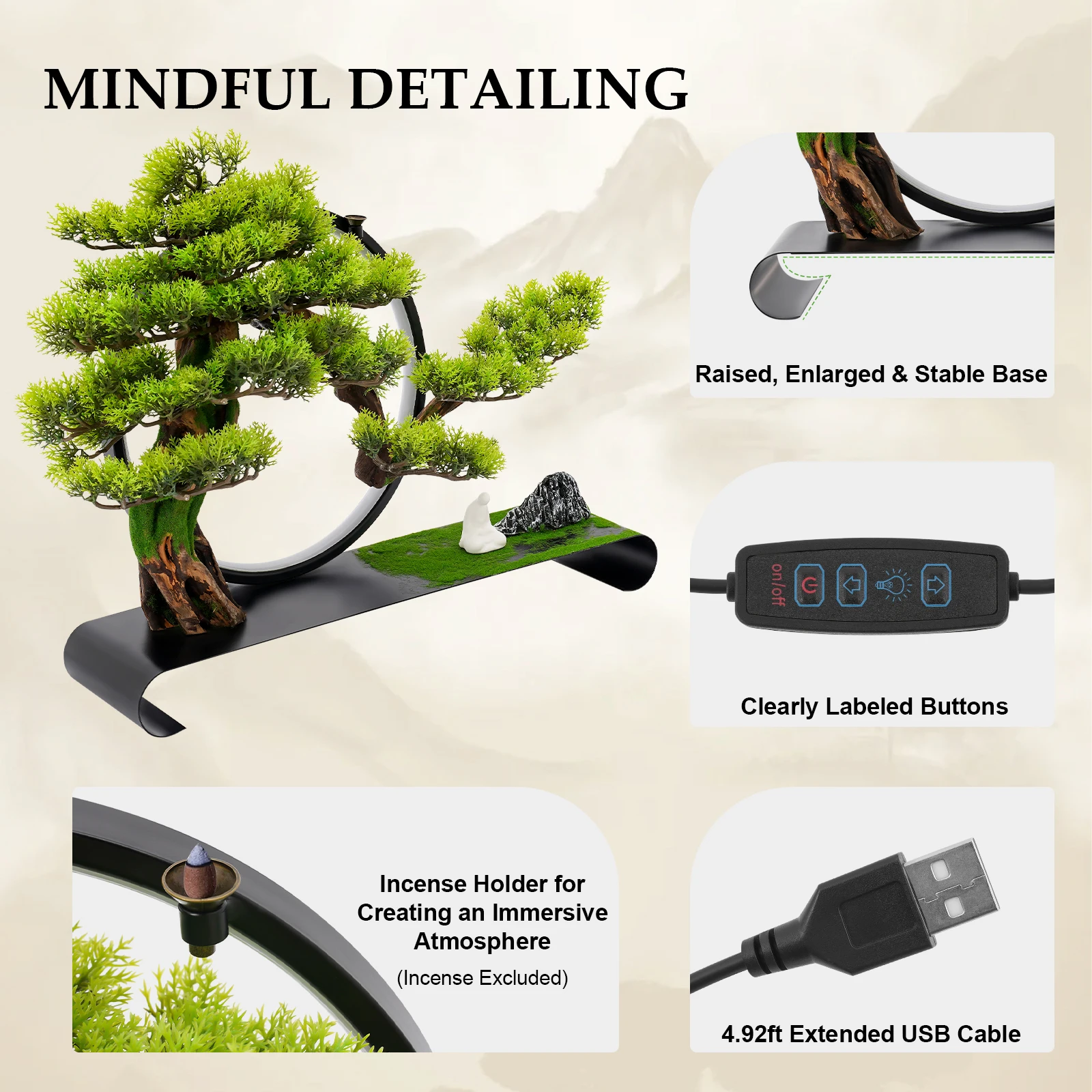 AC110V Realistic Artificial Tabletop Bonsai, Antique Decor Bonsai Tree with LED Lamp Ring for Home Use