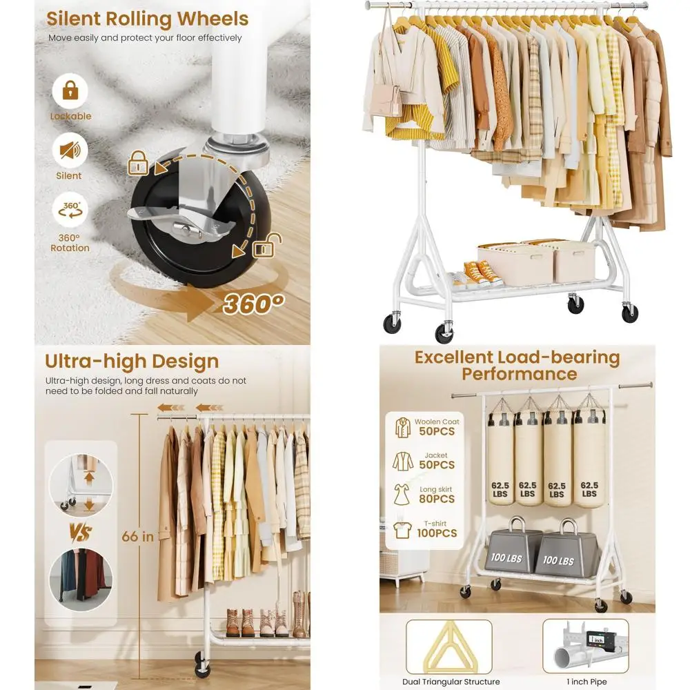 

Прочная металлическая передвижная вешалка для одежды, грузоподъемность 450 фунтов, колеса с фиксаторами, белая.
