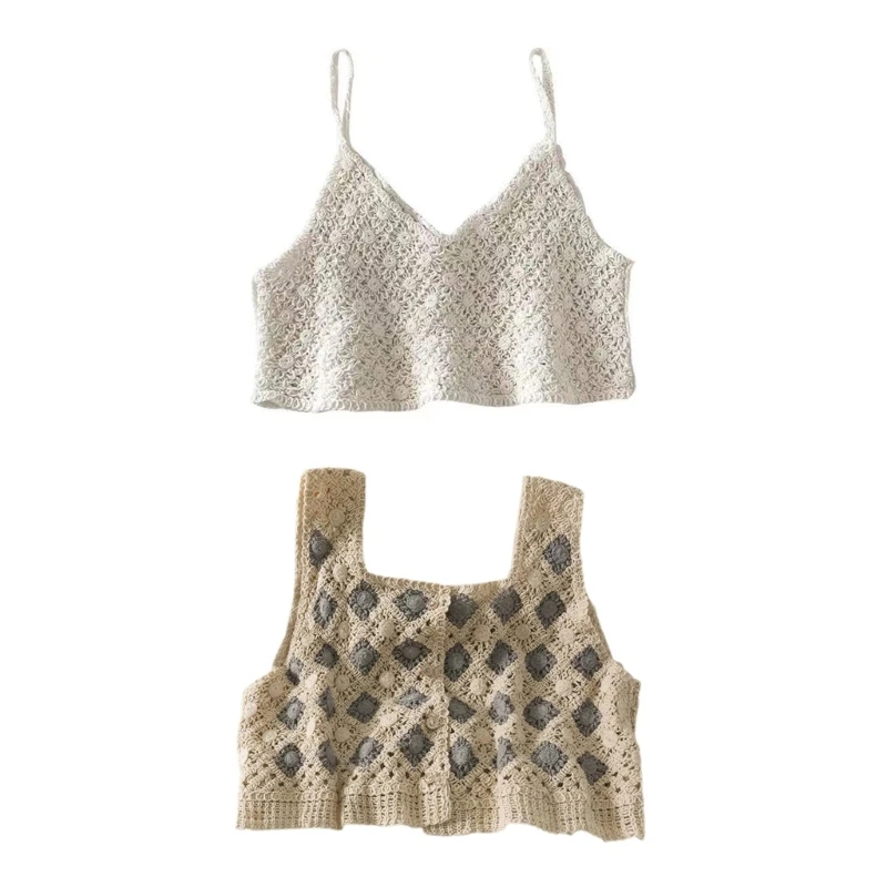 

White +Lattice Vest Hollow out Knit Crop Top Women Vintage Sweet Crochet Sleeveless Camisole Vintage Sexy Seaside Sling