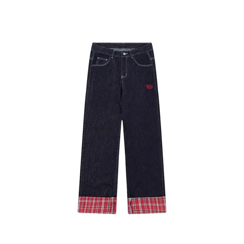 Spring and Autumn Retro American Blue Checkered Splicing Curled Edge Cowboy Wide Leg Straight Leg Floor Pants for Men