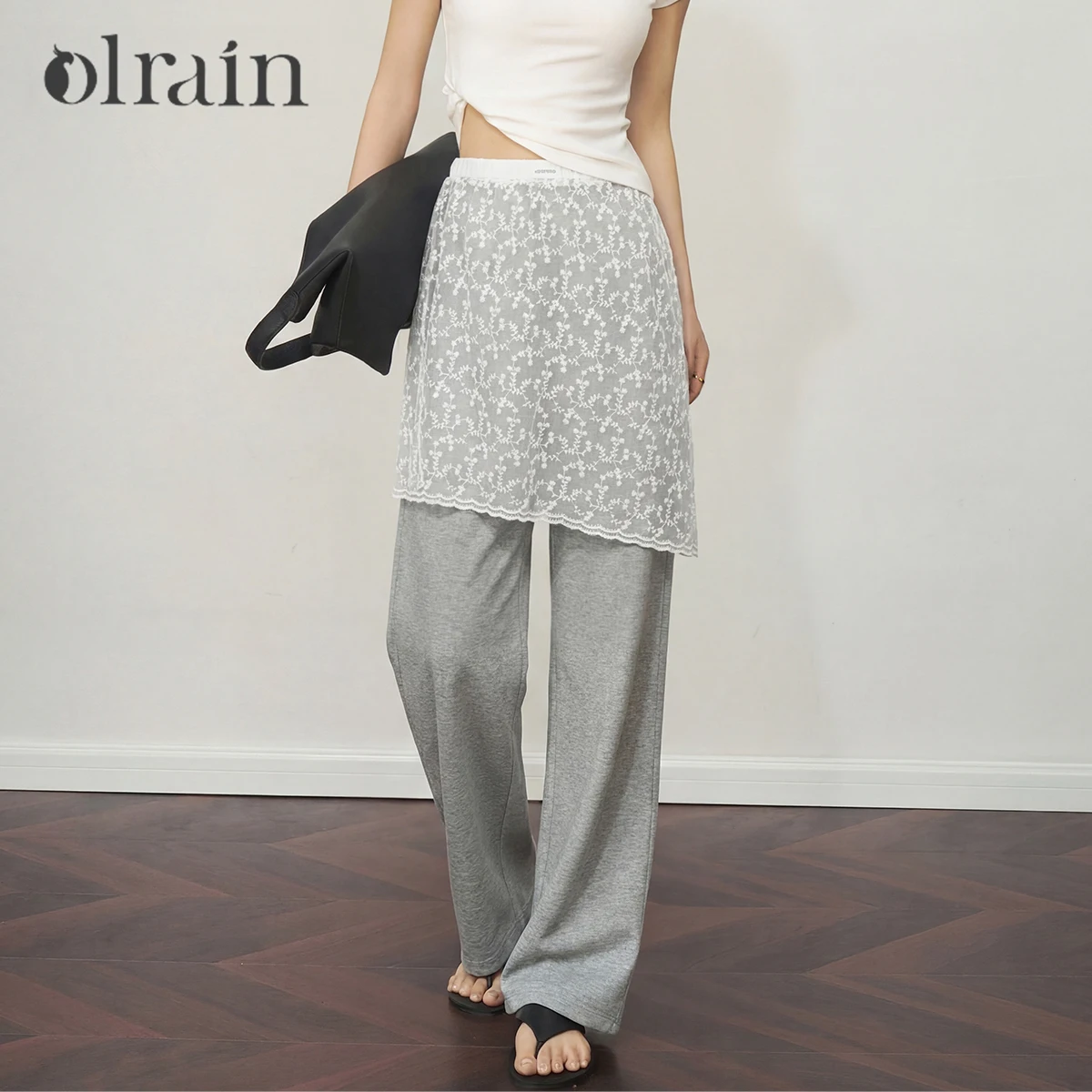 OLrain Fashion Lace Hem Extender Wide Leg Pant Women's Two-Piece Set 2026 Summer Elastic Waist Loose Casual Trousers O58XK006621