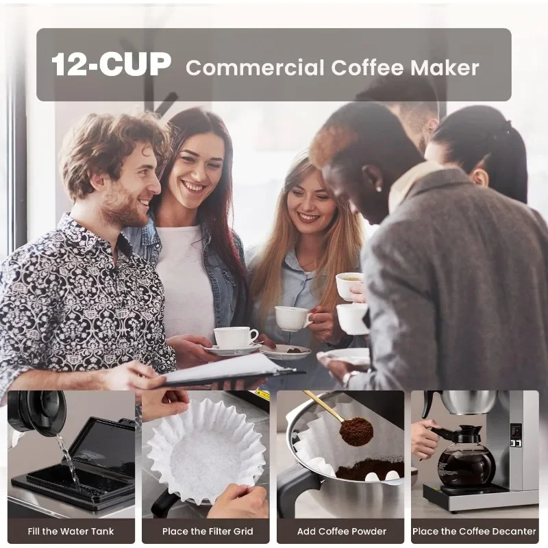 12-Cup Commercial Drip Coffee Maker, Pour Over Coffee Maker Brewer with 2 Glass Carafes and Warmers