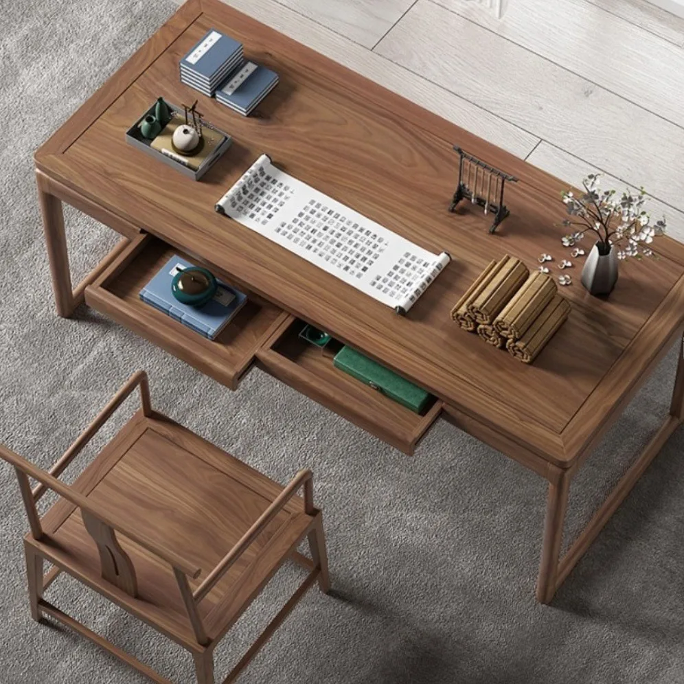 HYS new Chinese solid wood black walnut desk and chair combination modern all solid wood writing desk log calligraphy painting