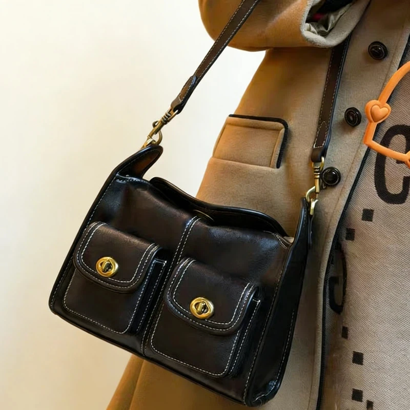 

Vintage Oil-waxed Leather Shoulder Bag Women's Multi-pocket Underarm Bag Brand Hobo Handbag Large Casual Commuter Crossbody Bag